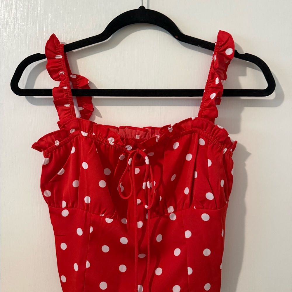 Commense Red Polka Dot Ruffle Top